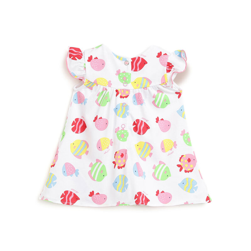 Girls White Fish Printed Short Sleeve Dress image number 1